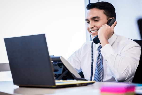 Confident and happy founder having a comfortable sales conversation