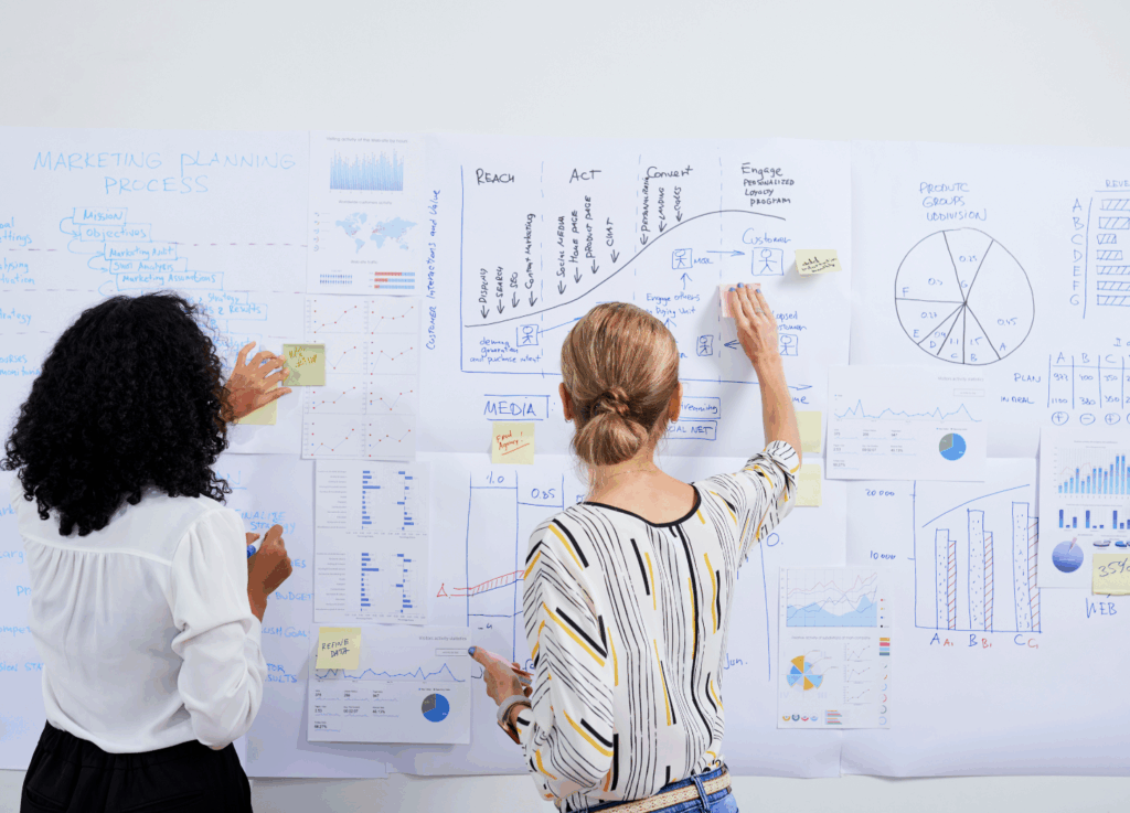 Two women with a founder's mindset, planning and goal-setting for their business